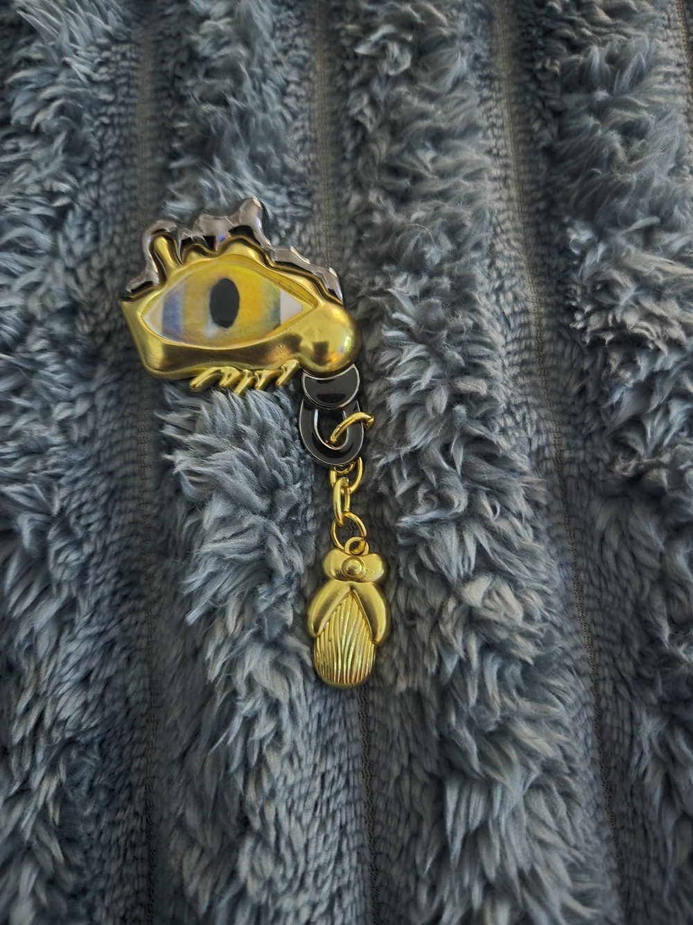Schiaparelli Inspired Gold Eye and Scarab Drop Brooch - Gold